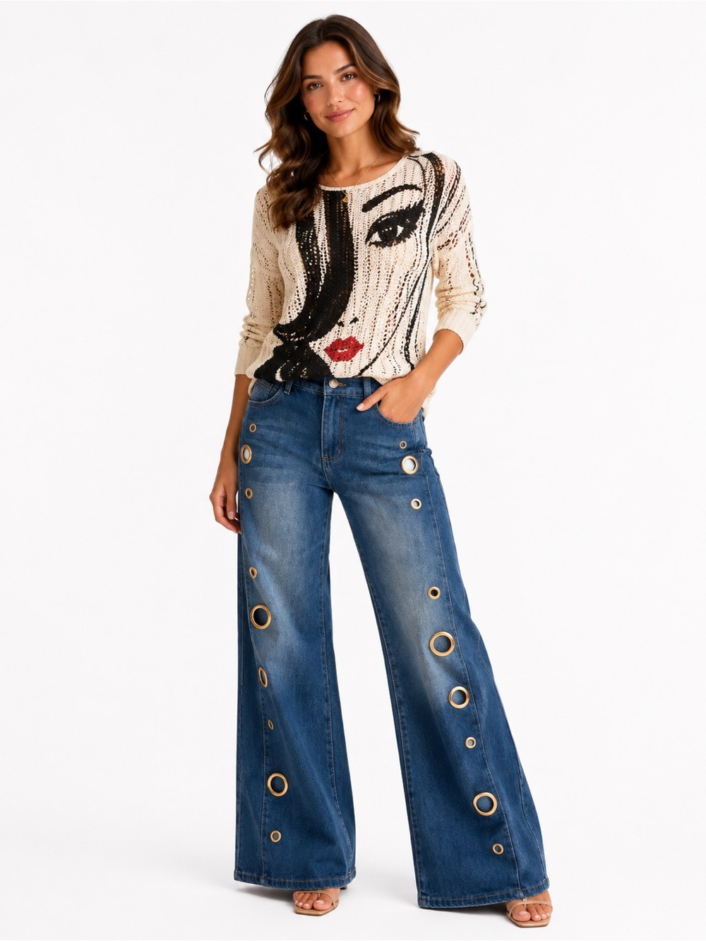 84S.New Wide-Leg Blue Jeans with Grommet Detail - Picture 2 of 2
